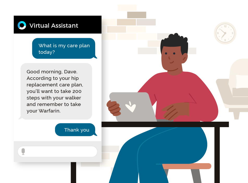 Chat bubble and man with black hair sitting at a desk with laptop for OrbitaCONNECT - Remote Patient Monitoring webpage OrbitaCONNECT webpage featuring image of chatbot and man with black hair, red shirt, sitting at desk with laptop