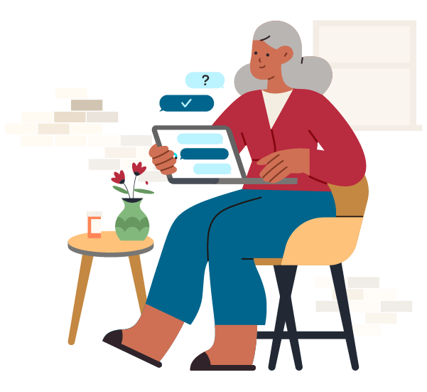 Image of woman with gray hair, red sweater, sitting on yellow chair, and holding laptop for Orbita for Life Sciences - Patient Support webpage Orbita for Life Sciences - Patient Support webpage featuring image of woman with gray hair, red sweater, sitting on yellow chair, and holding laptop