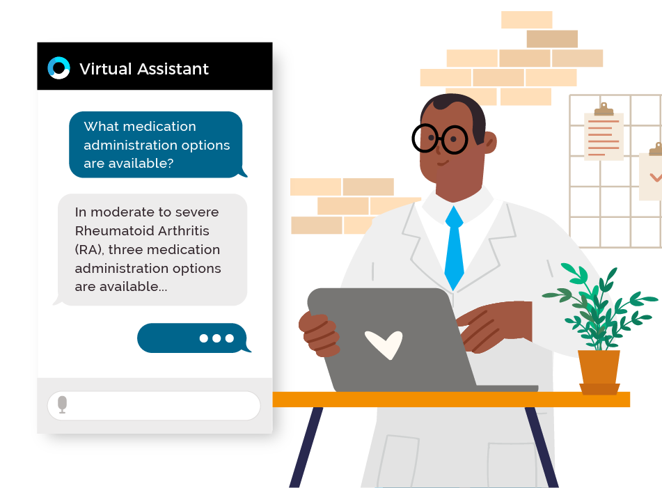 Chat bubble and man with white coat standing at a desk with laptop for Orbita's Pharma HCP Support solution webpage Orbita for Life Sciences - HCP Support webpage featuring image of man with black hair, white coat, standing up with laptop, and chat bubble