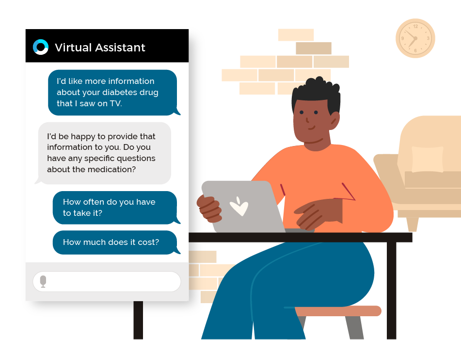 Chat bubble and man sitting at a desk with laptop for Orbita's Pharma Patient Support solution webpage Orbita for Life Sciences - Patient Support webpage featuring image of man with black hair, orange shirt, sitting at desk with laptop